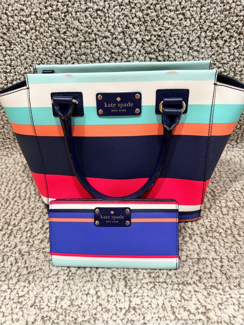 Kate Spade Wellesley Striped Mini Tote + Matching Wallet Set — Navy Multicolor